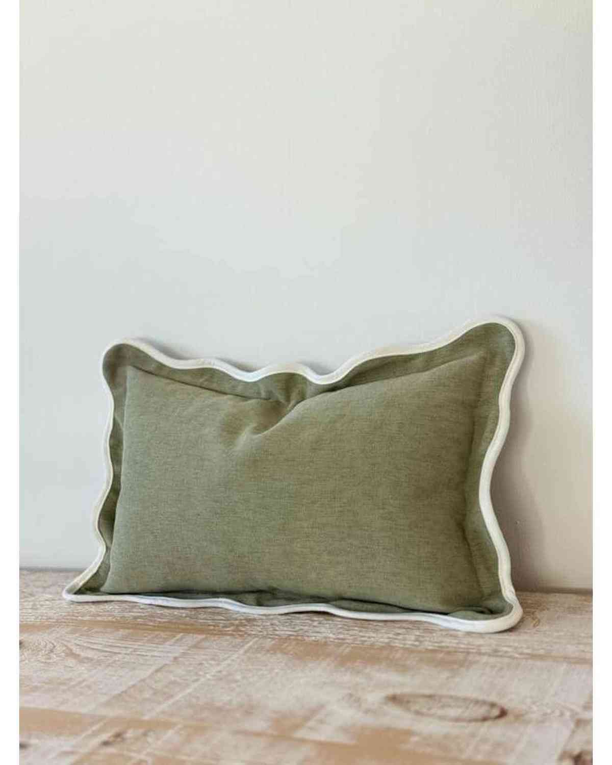 Chloe Olive Green And Cream Rectangle Scalloped Edge Cushion Cover