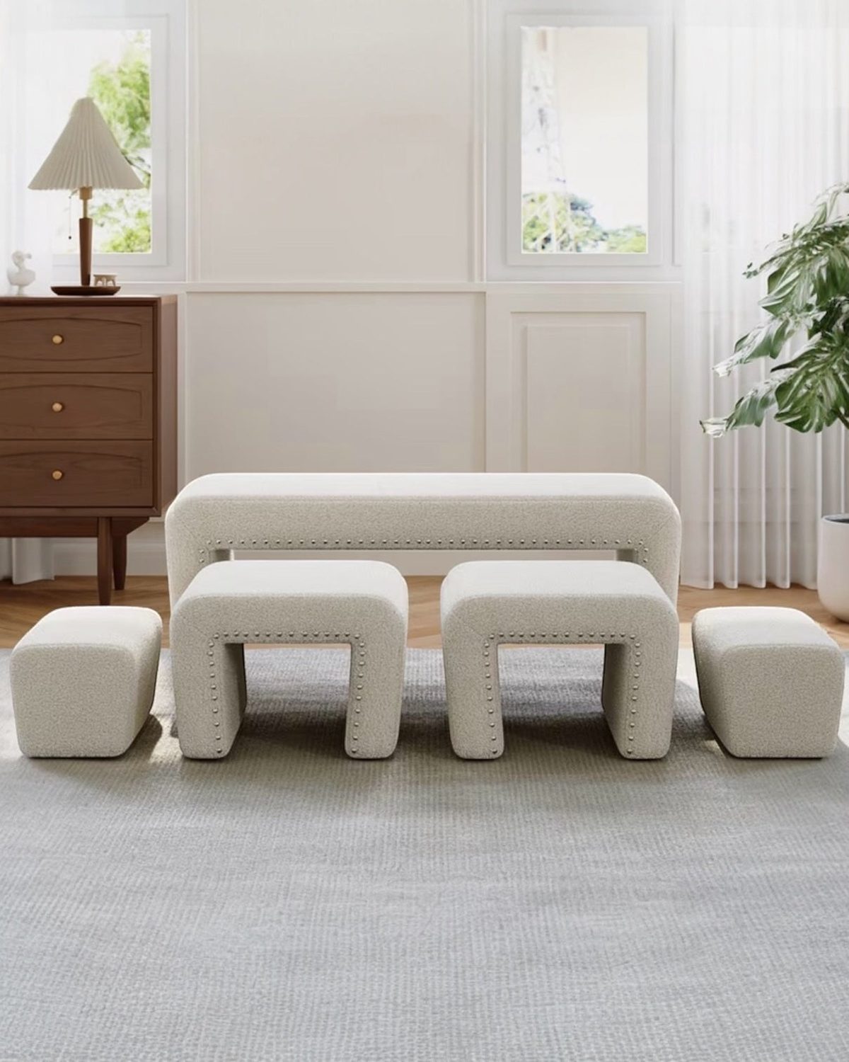 Cream Boucle Five Piece Foot Stool Set