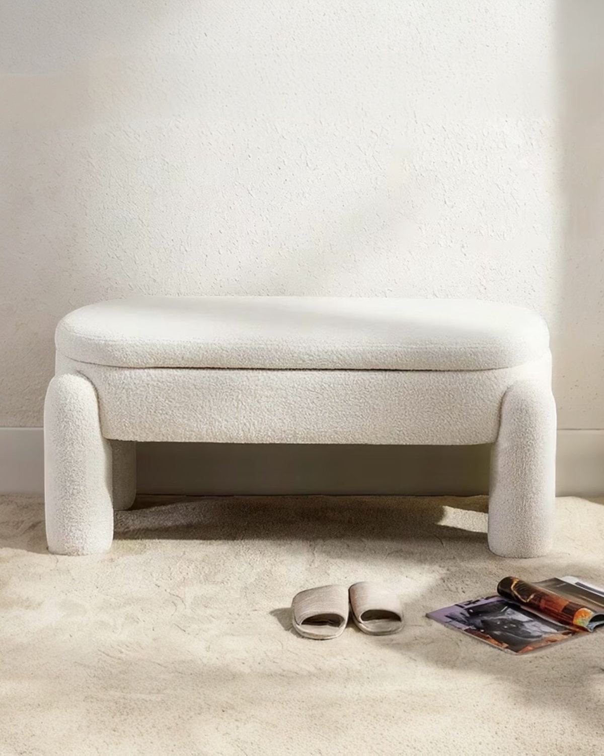 Cream Boucle Long Storage Foot Stool