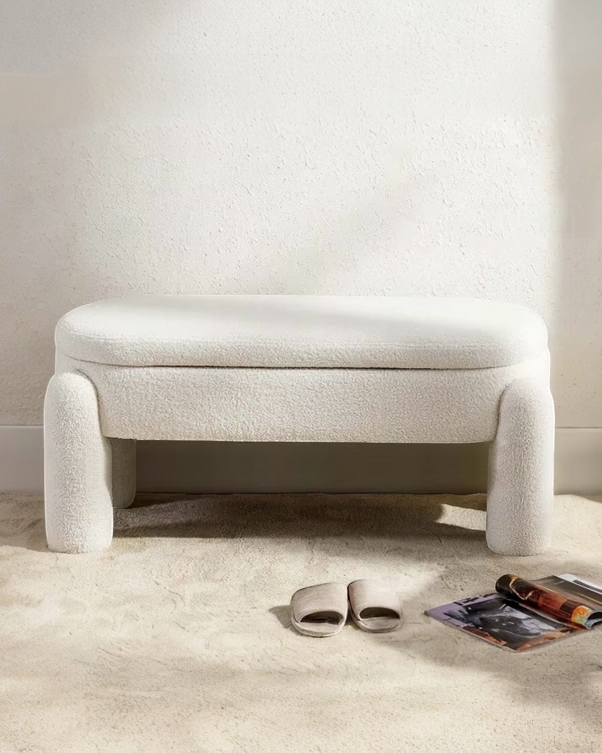 Cream Boucle Long Storage Foot Stool
