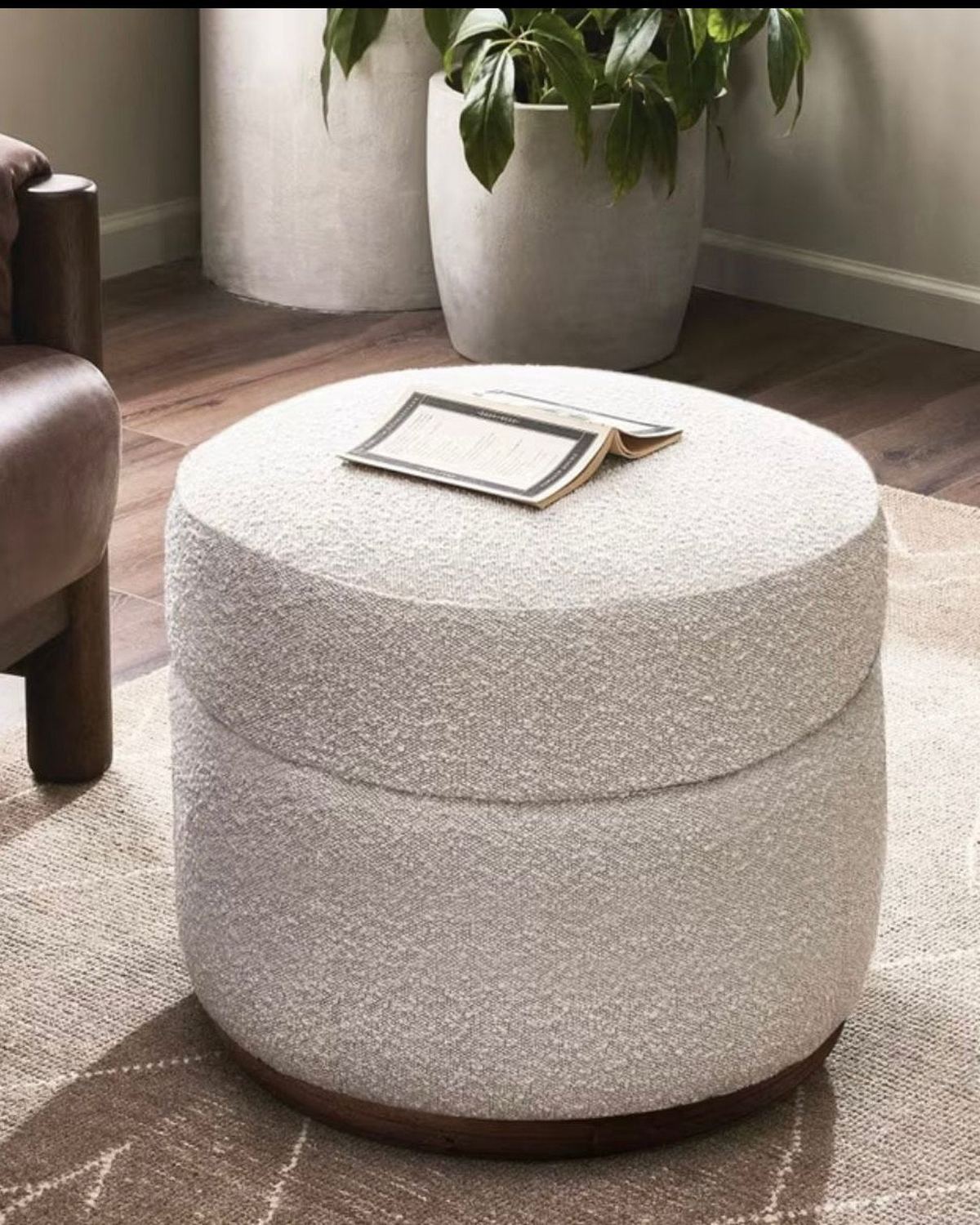 Cream Boucle Round Storage Foot Stool