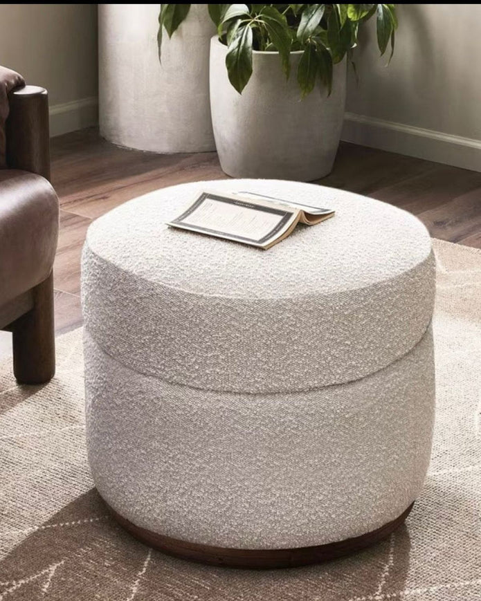 Cream Boucle Round Storage Foot Stool
