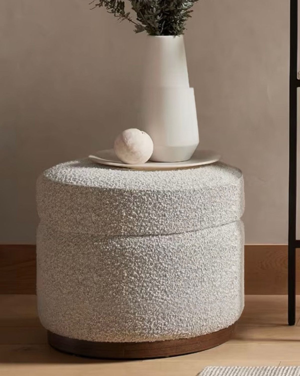 Cream Boucle Round Storage Foot Stool
