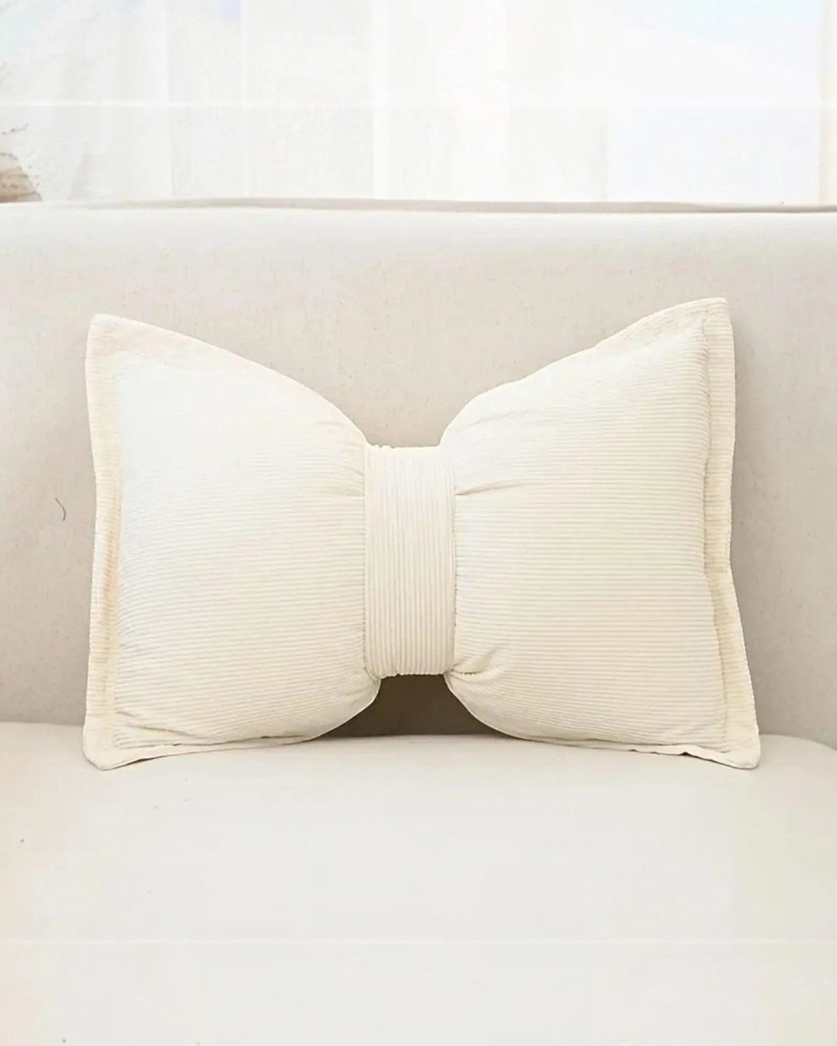 Cream Neutral Corduroy Striped Bow Cushion - Soft FurnishingsSoft Furnishings - Lulu Loves Home