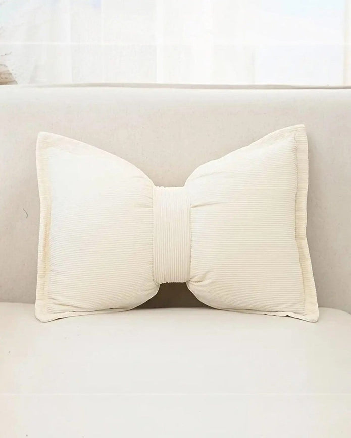 Cream Neutral Corduroy Striped Bow Cushion - Soft FurnishingsSoft Furnishings - Lulu Loves Home