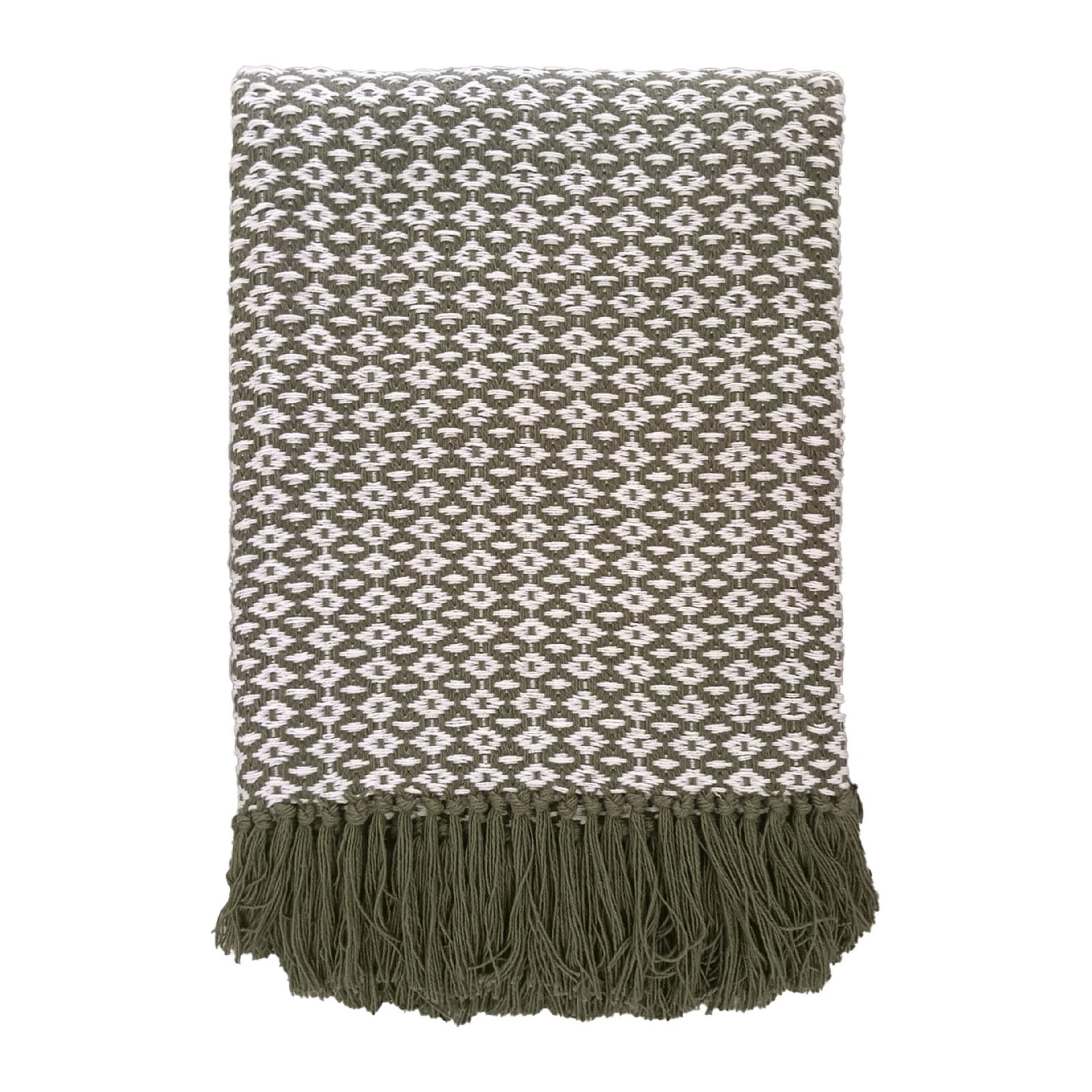 Olive Green Diamond Weave Cotton Throw Blanket