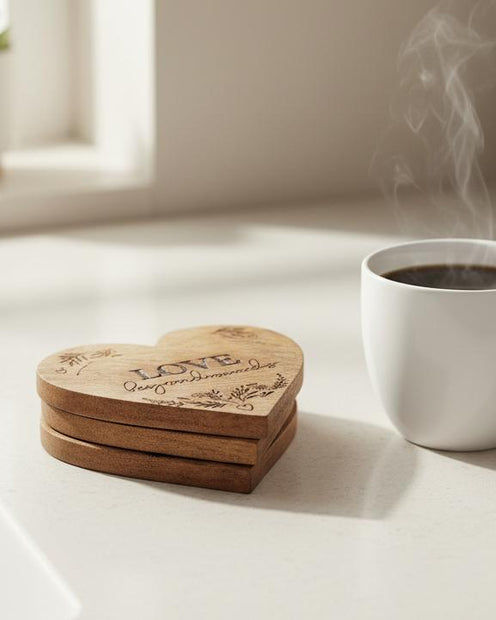 Heart Shaped Wooden Coasters - Set of Four, stacked heart-shaped wooden coasters beside a steaming mug