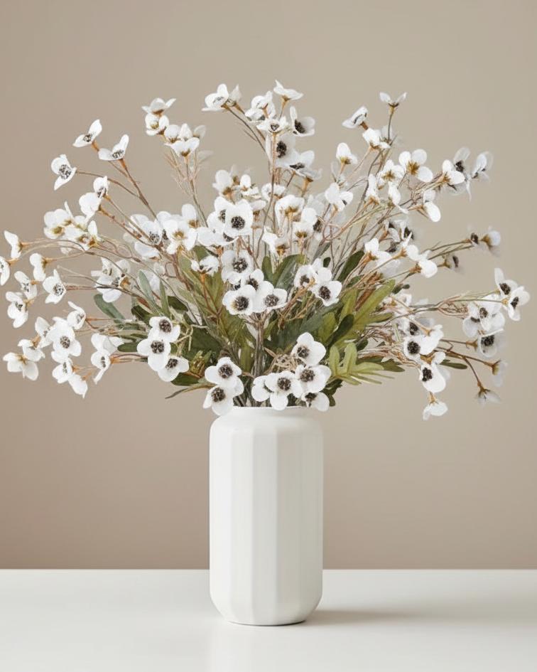 White artificial daisy flower stem from Starlight Express, showcasing realistic white petals and green leaf details.
