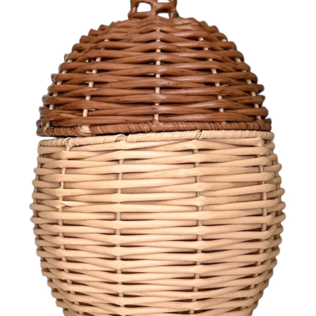 Rattan Acorn Storage Basket with Lid – Natural Decorative Storage Solution, woven acorn basket with brown lid against white