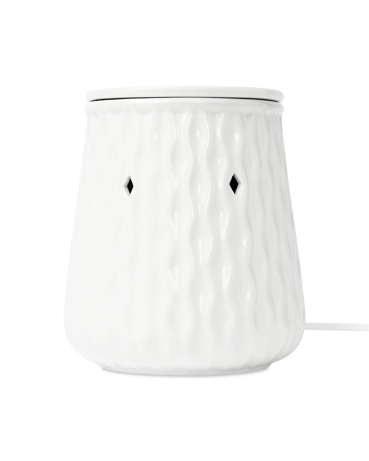 White Ripple ceramic electric wax melt burner by Devon Wick with a sleek, modern design and a small dish for wax melts.