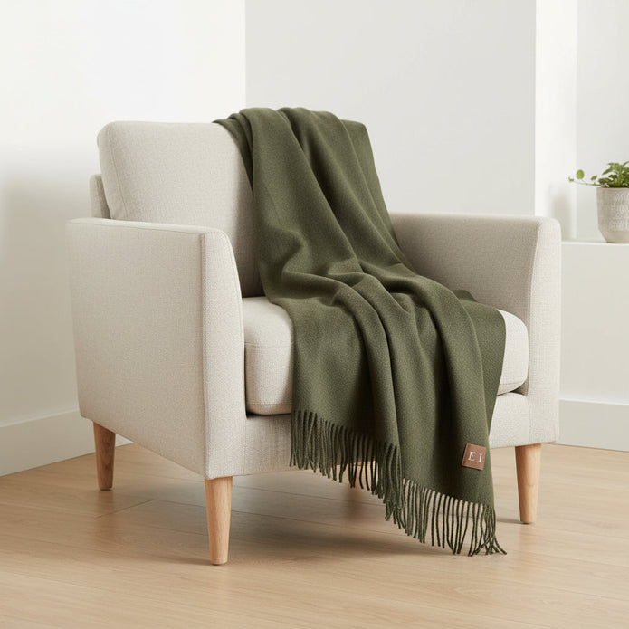 Della Olive Green Fine Knit Tasselled Throw Blanket