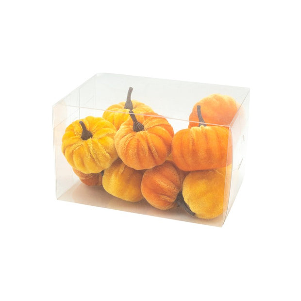 Orange Velvet Pumpkins - Set Of 12, box of miniature orange velvet pumpkins against white