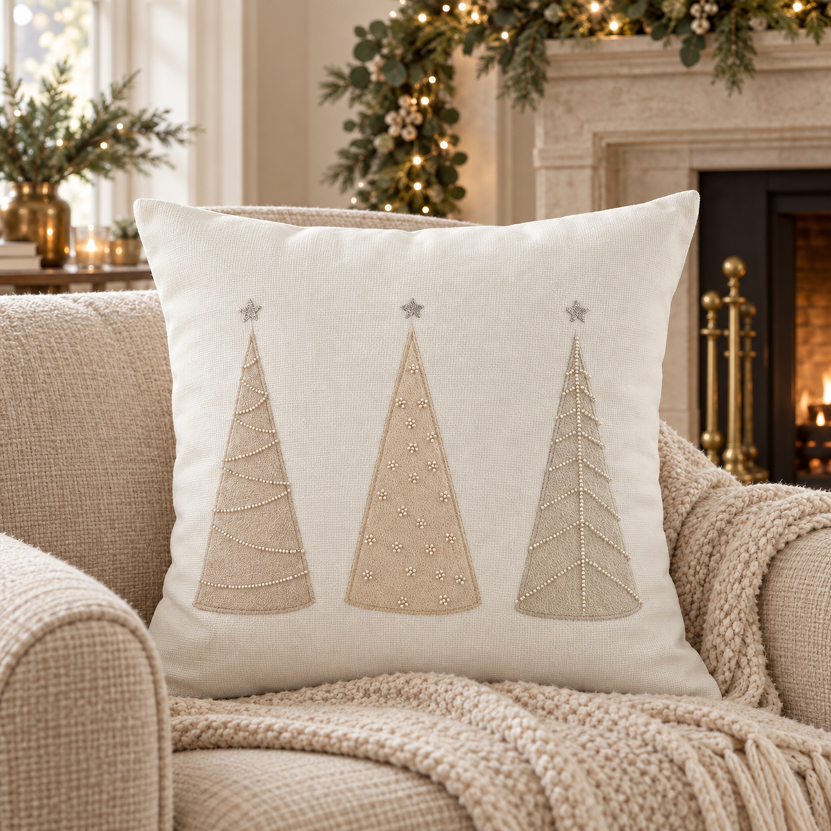 Cream Beaded Christmas Tree Cushion Cover