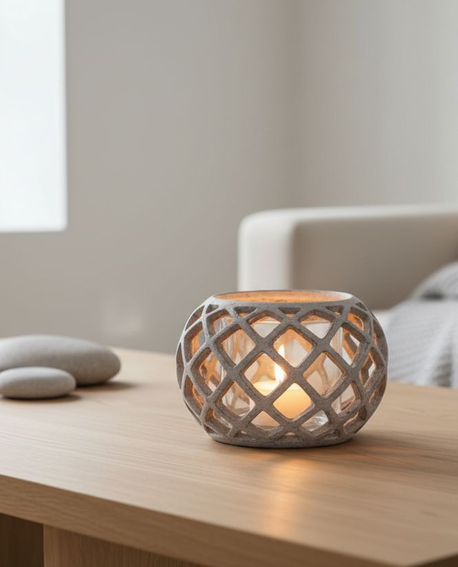 Large round ceramic lattice hurricane lantern, home decor by Hill Interiors, featuring intricate cutout pattern and a spacious opening for candles.