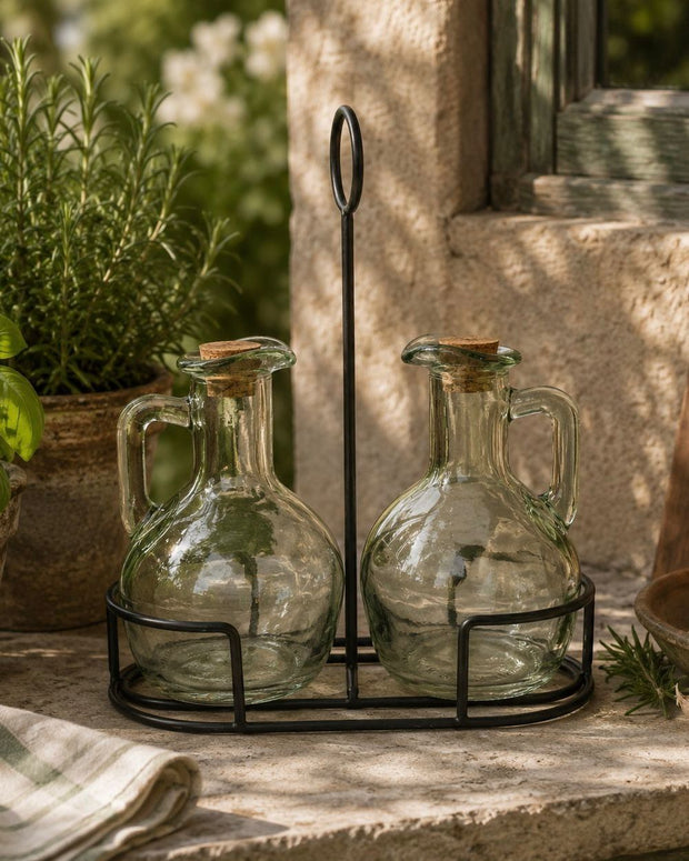 Olive Green Set of 2 Oil Bottles on Stand