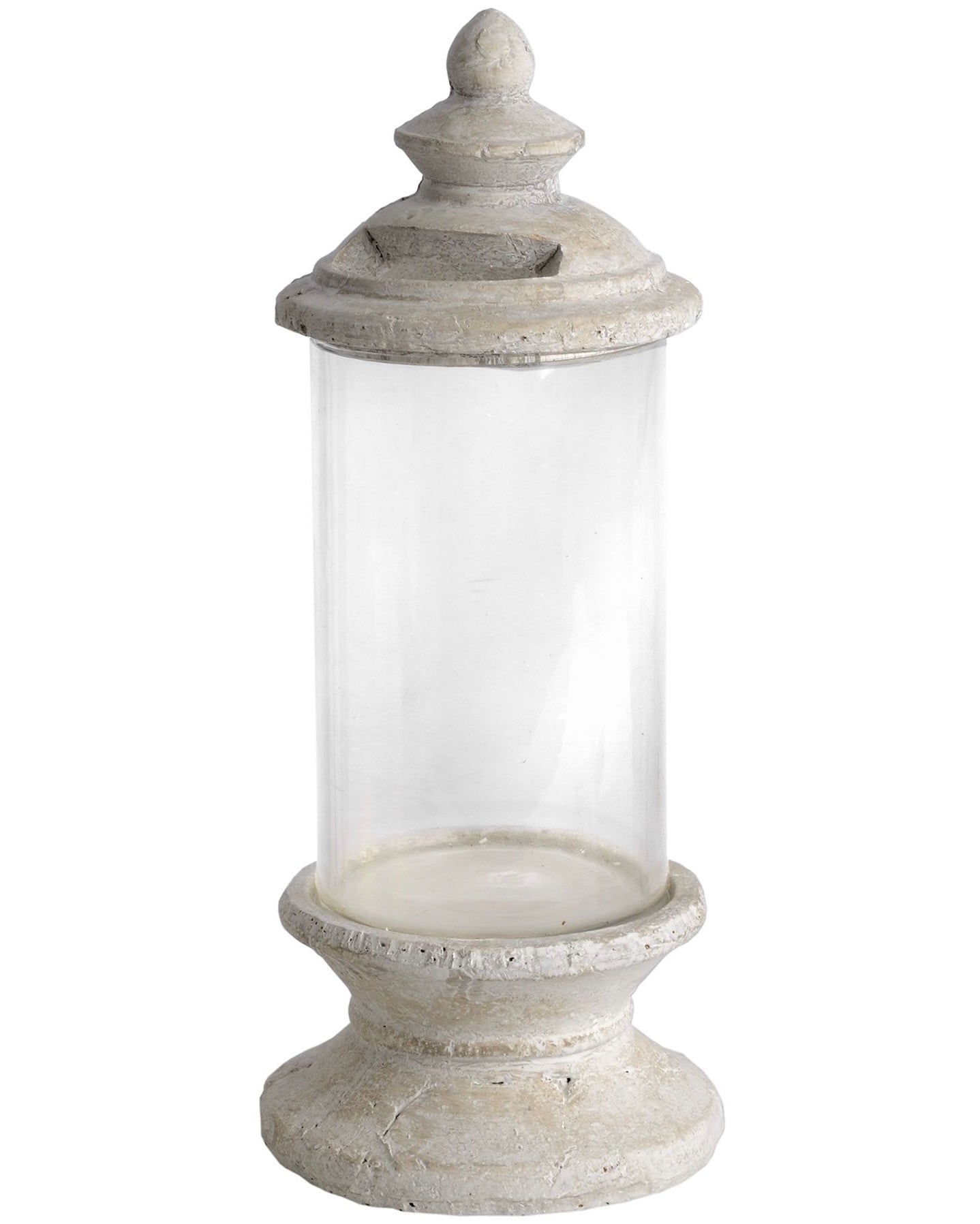 Stone lidded hurricane candle lantern for home decor by Hill Interiors, featuring a rustic stone design with a glass candle holder inside.