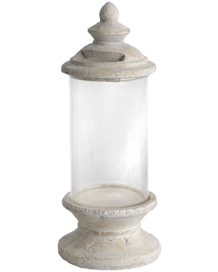 Stone lidded hurricane candle lantern for home decor by Hill Interiors, featuring a rustic stone design with a glass candle holder inside.