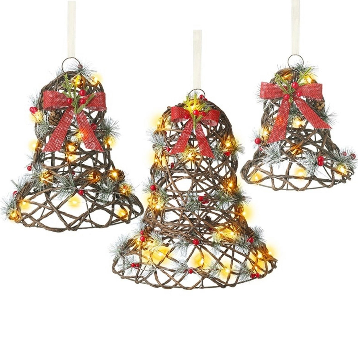 Rattan Light Up LED Christmas Bells - Set of 3