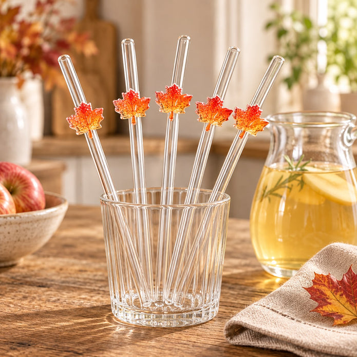 Glass Autumn Maple Leaf Straw