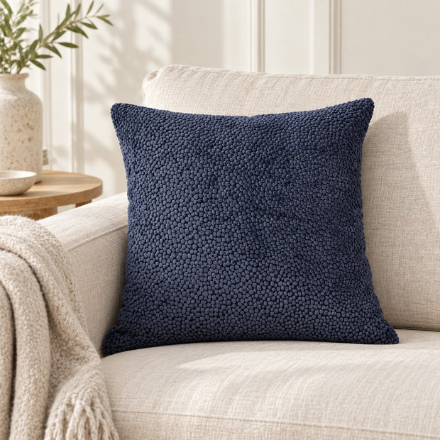 Navy Blue Velvet Bingham Cushion Cover, navy textured cushion on a cream sofa