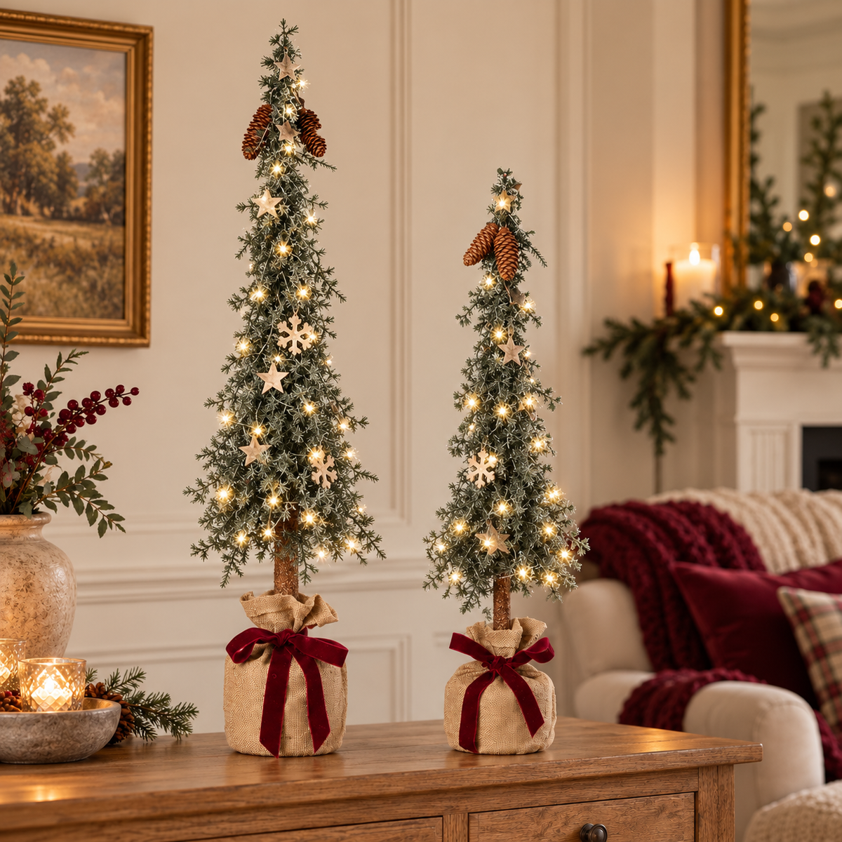 Pine Spruce Tree in Hessian Bag with Burgundy Bow