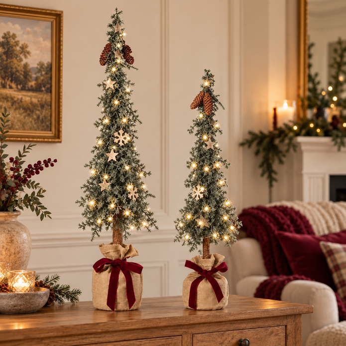Pine Spruce Tree in Hessian Bag with Burgundy Bow