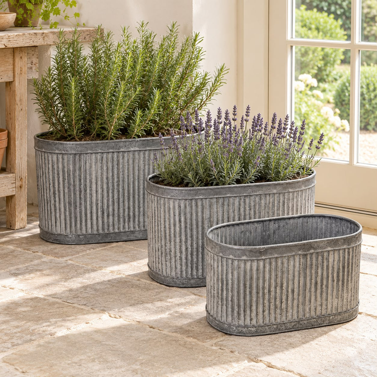 Ribbed Oval Galvanised Metal Planter Troughs - Set of Three