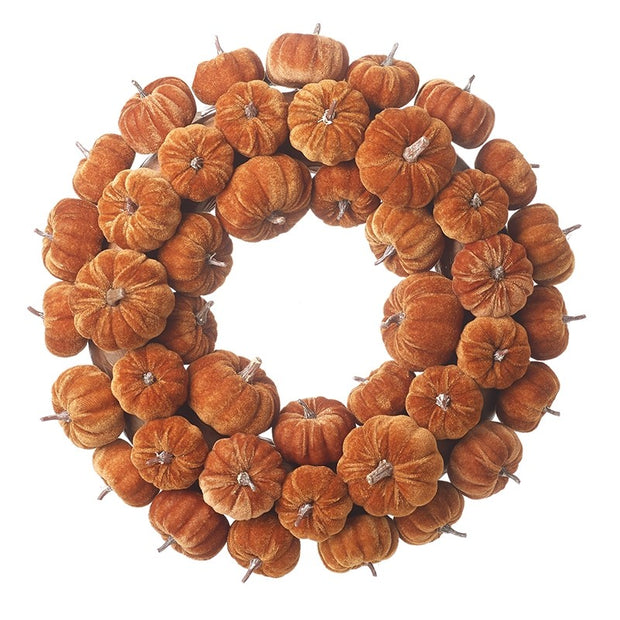 Velvet Orange Pumpkin Wreath, round orange pumpkin wreath against white