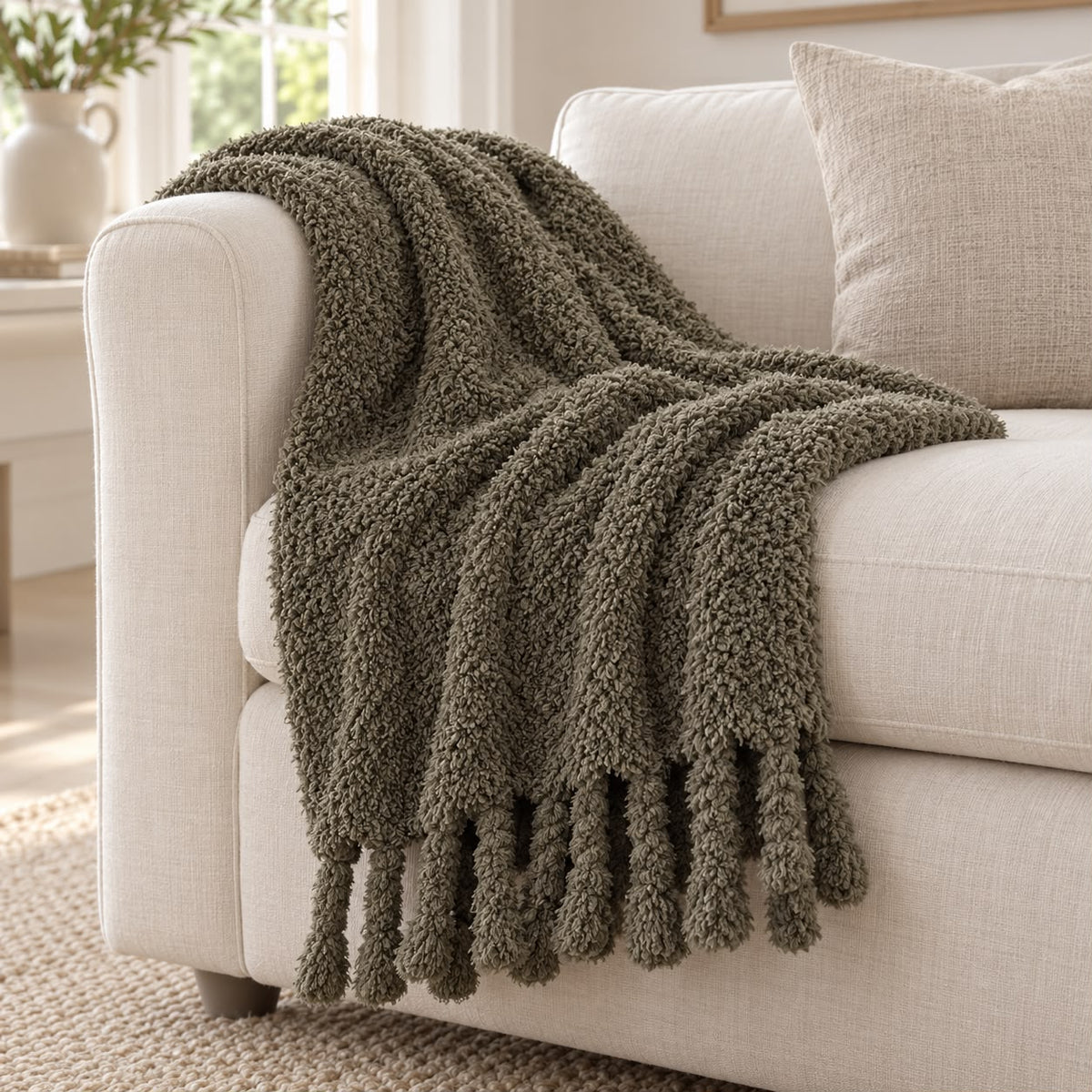 Olive Green Sherpa Tasselled Blanket Throw
