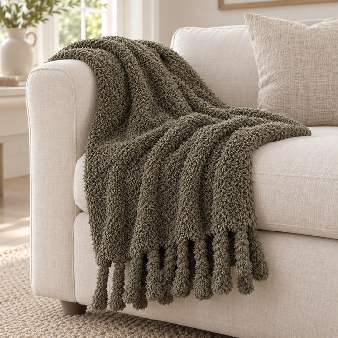 Olive Green Sherpa Tasselled Blanket Throw