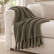 Olive Green Sherpa Tasselled Blanket Throw