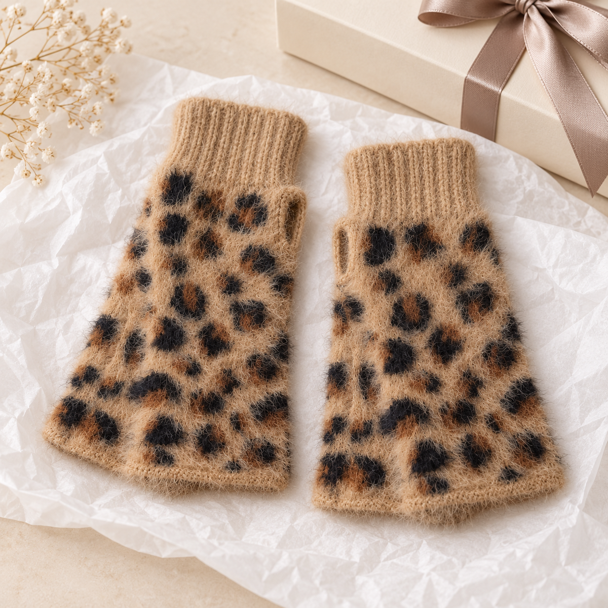 Tan Leopard Fluffy Knit Fingerless Gloves
