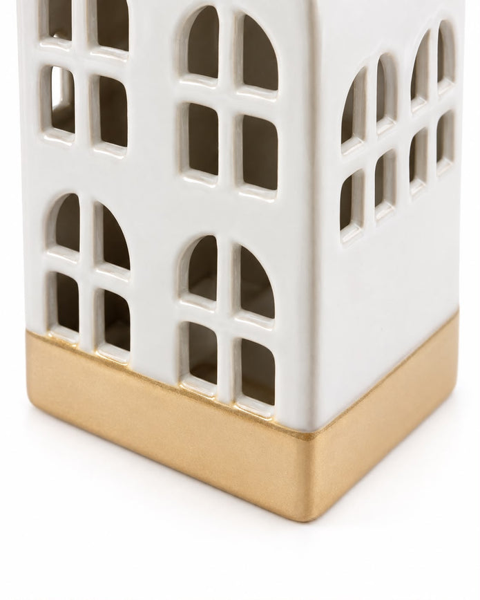 White ceramic LED light-up house decor by Sifcon, featuring a charming miniature illuminated home for cozy home accents.