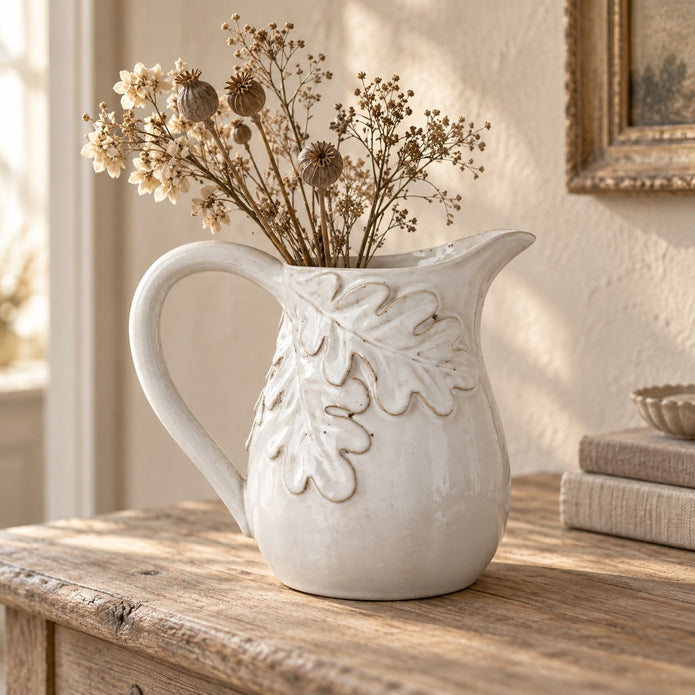 White Ceramic Jug With Oak Leaf Design