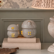 Large ceramic toadstool Christmas house by Satchville, light-up holiday decoration with festive design and vibrant colors.