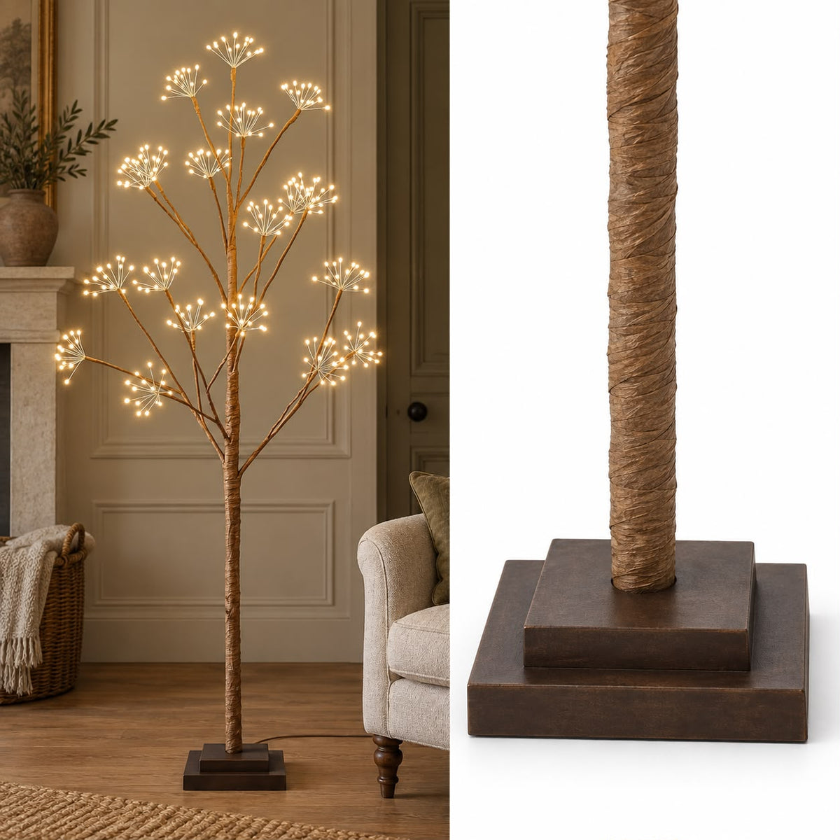 Lightstyle London LED Woodland Christmas tree decorated with lights, featuring natural woodland-inspired design and festive lighting.