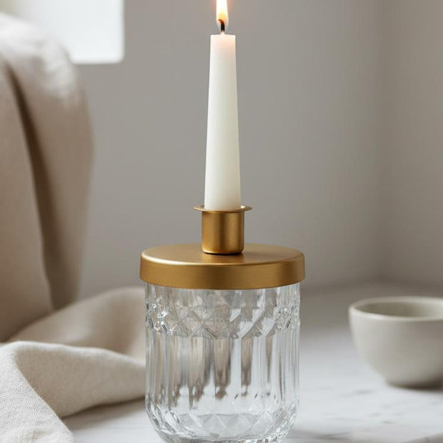 Brass And Glass Jar Candle Holder, glass jar candle holder beside a sofa and books