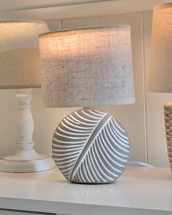 Stone Leaf Table Lamp with Beige Linen Shade