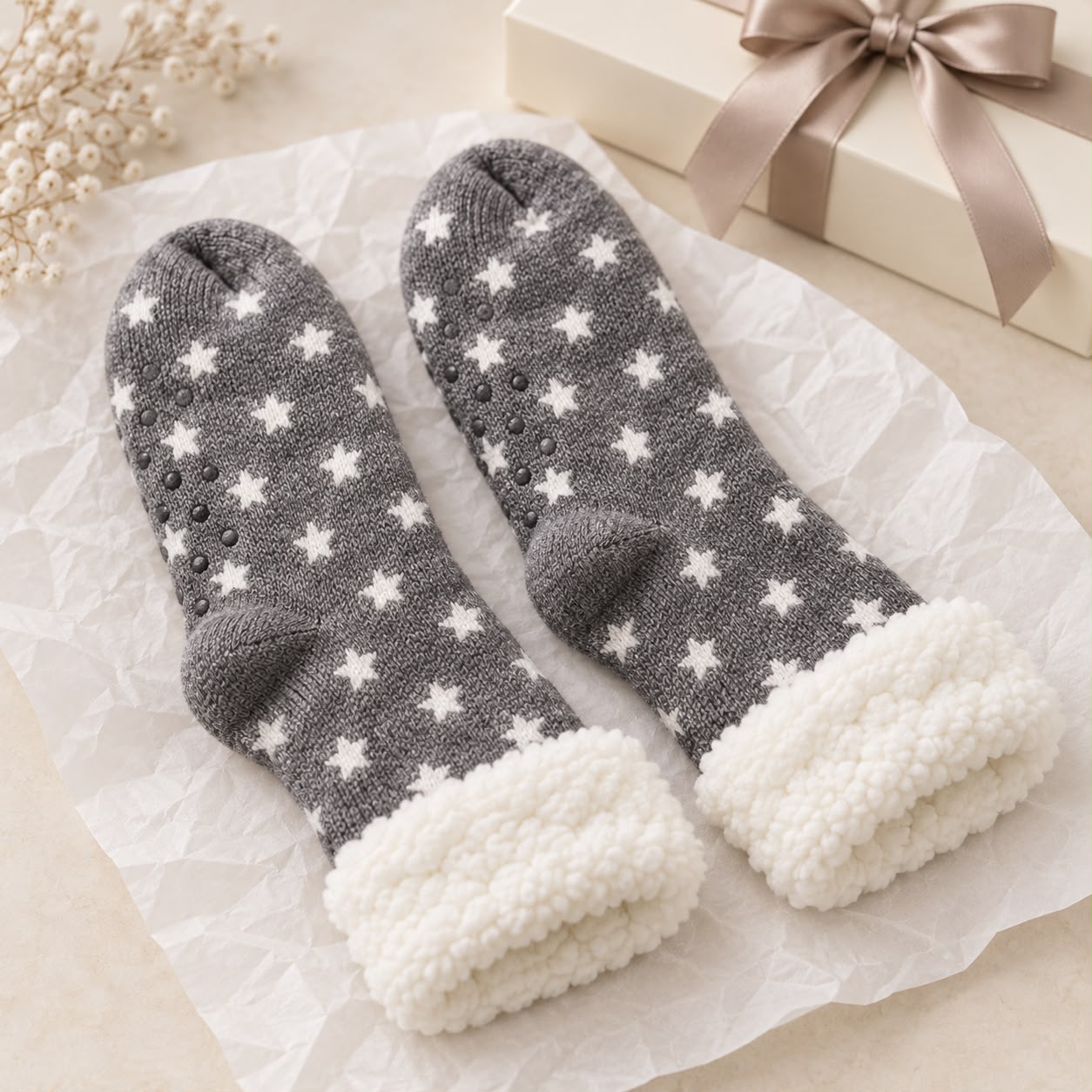 Cosy Slipper Socks - Grey Stars