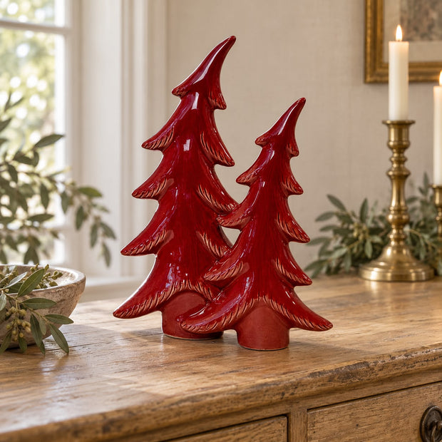 Large red ceramic double Christmas trees by Satchville, festive holiday decor with detailed ceramic design.