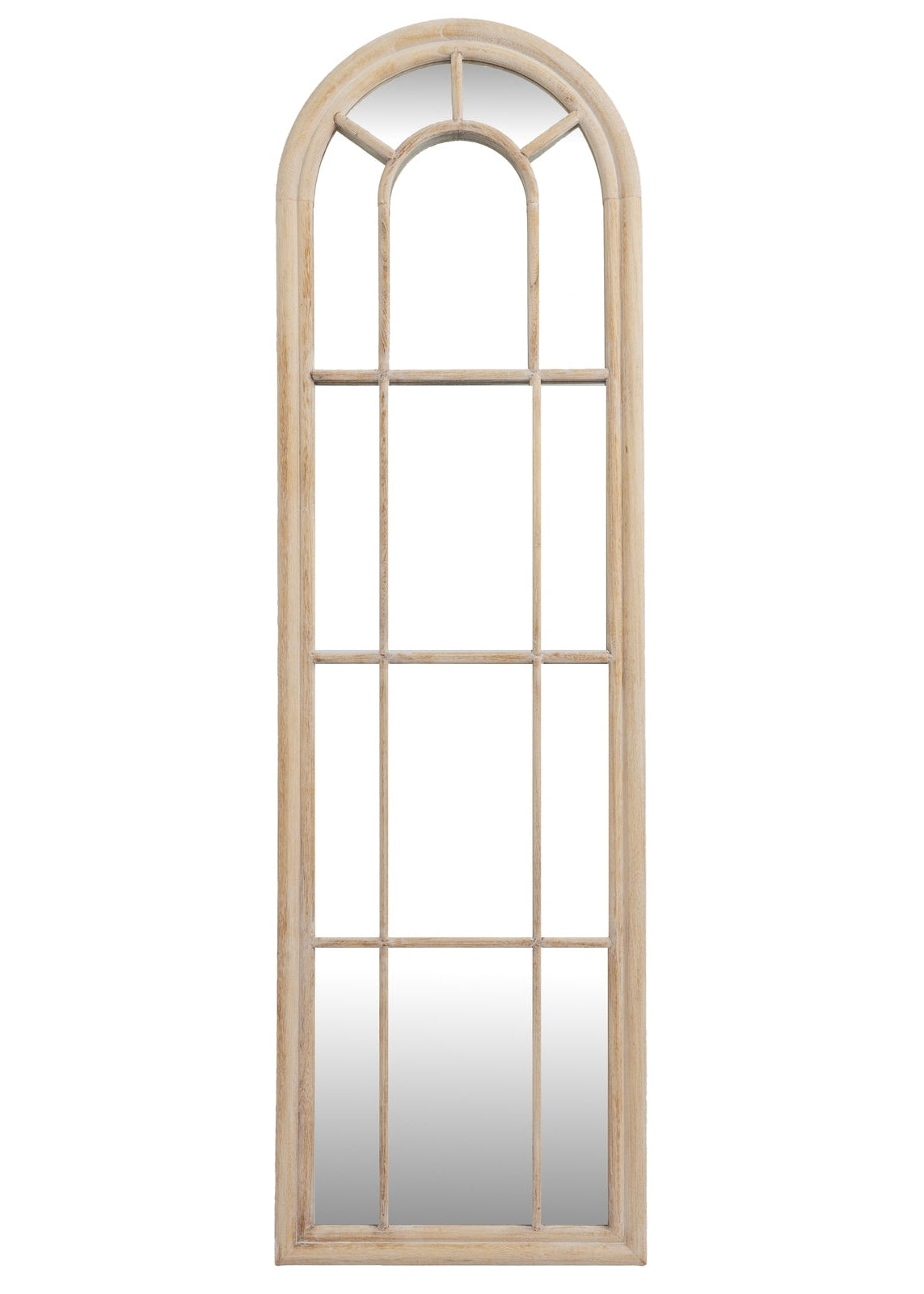 Cleo Extra Tall Wood Arched Window Framed Mirror by Hill Interiors, showcasing a tall mirror with an arched window-style wooden frame.