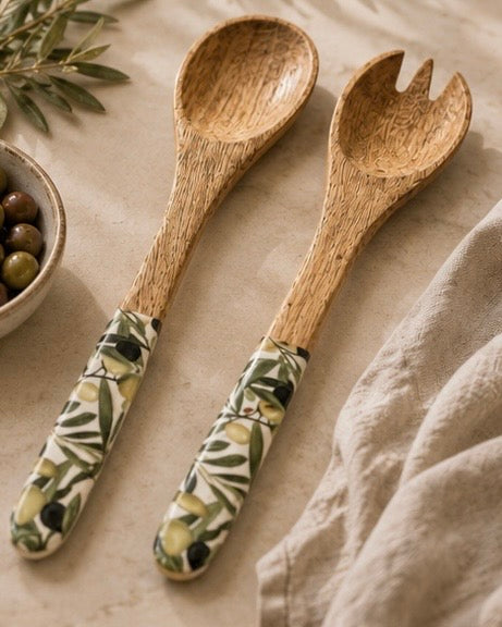 Olive Pattern Mango Wood + Melamine Salad Servers