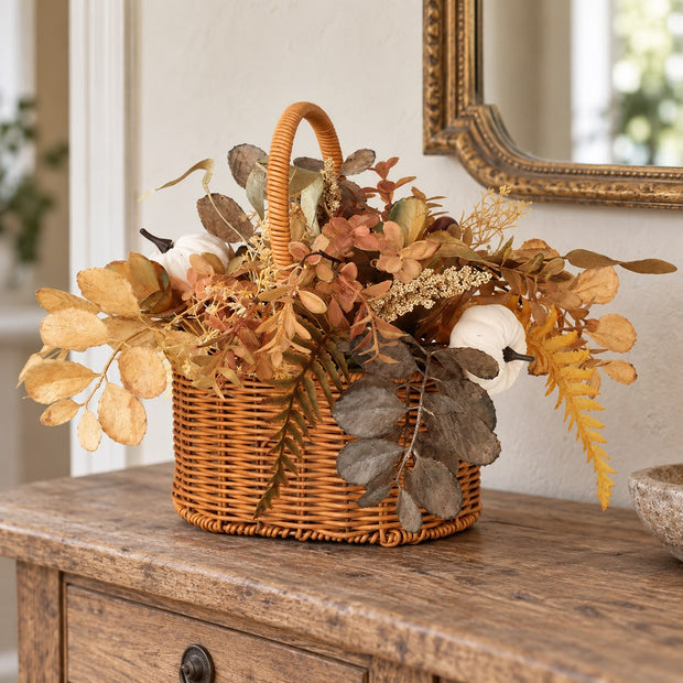 Russet Autumn Leaves Basket, autumn foliage basket on a wooden console beneath a mirror