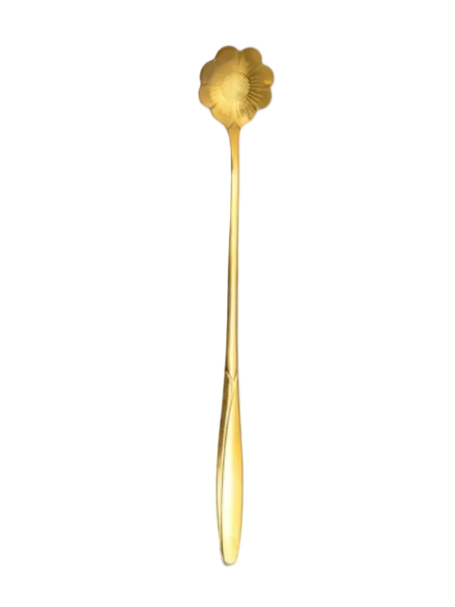 Gold flower long latte spoon by Starlight Express, featuring a delicate floral design and a long handle for stirring coffee drinks.