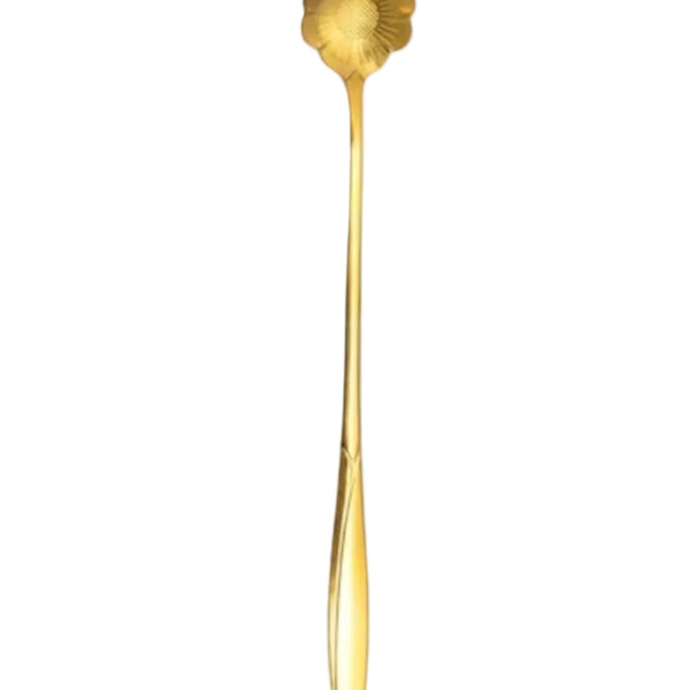 Gold flower long latte spoon by Starlight Express, featuring a delicate floral design and a long handle for stirring coffee drinks.