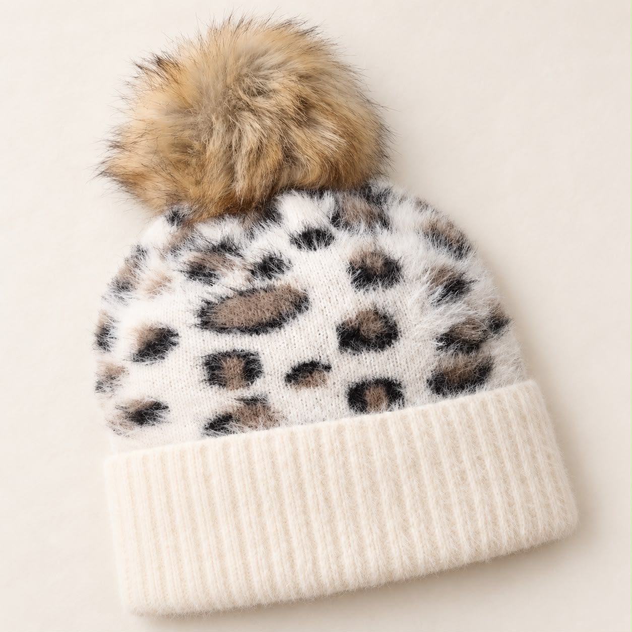 Cream Leopard Print Fluffy Bobble Hat
