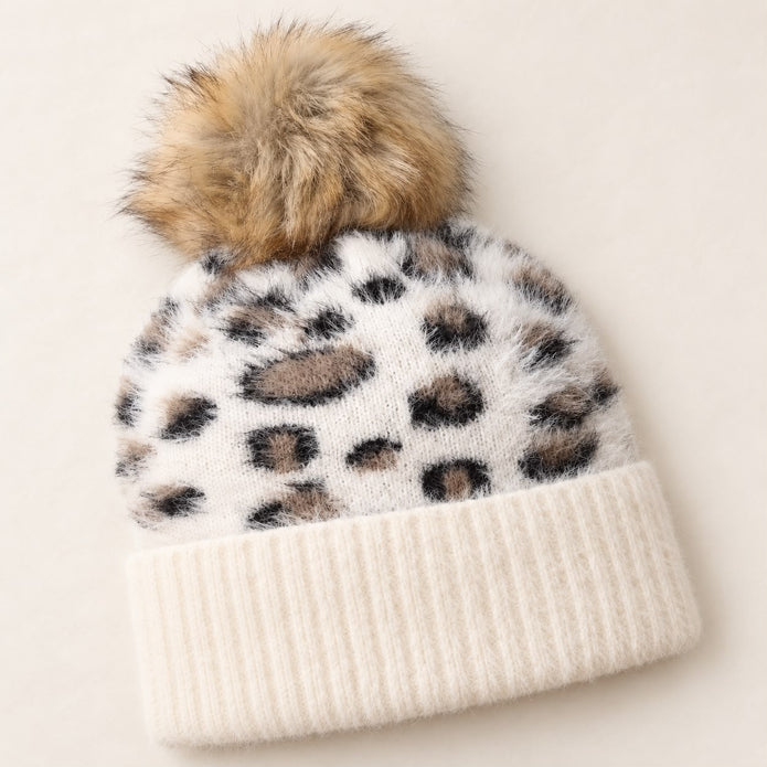 Cream Leopard Print Fluffy Bobble Hat