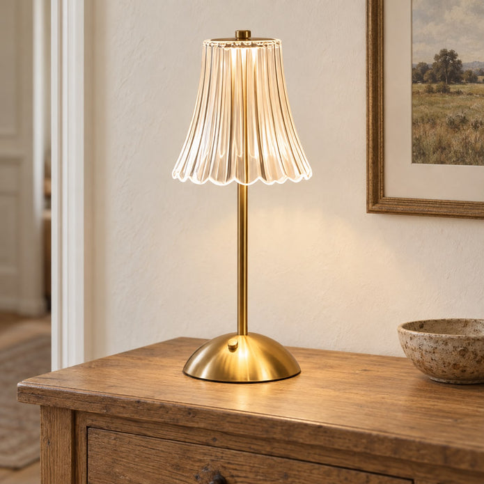 Gold LED Rechargeable Touch Lamp With Fluted Acrylic Shade