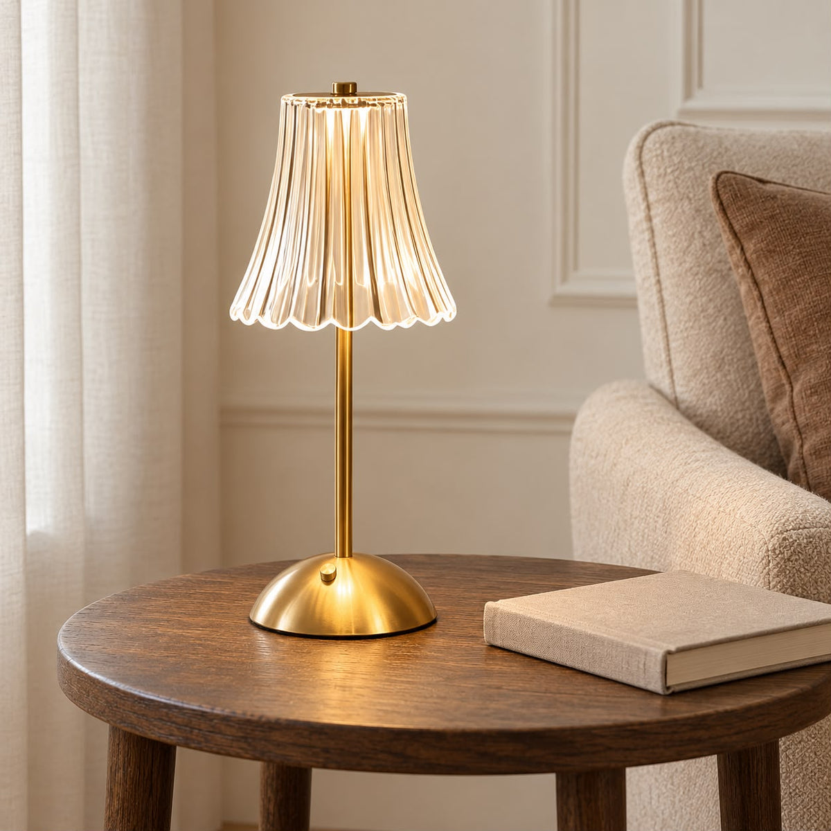 Gold LED Rechargeable Touch Lamp With Fluted Acrylic Shade