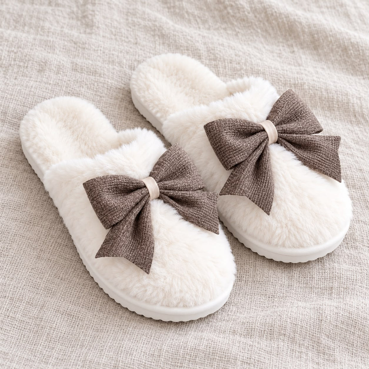 Slippers - Cream And Brown Bow